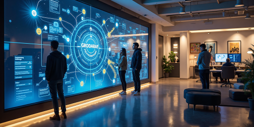 AI创新平台工作场景，多个开发者在现代化办公环境中协作，使用笔记本电脑和大屏幕显示器，充满科技感的办公室环境，明亮自然光线